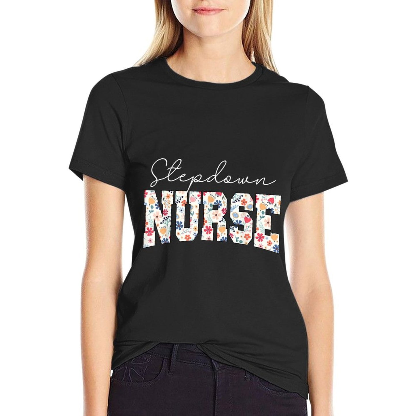 Retro Floral Stepdown Nurse Stepdown Unit CVICU CTICU Nurse Rolled Sleeves T-Shirt