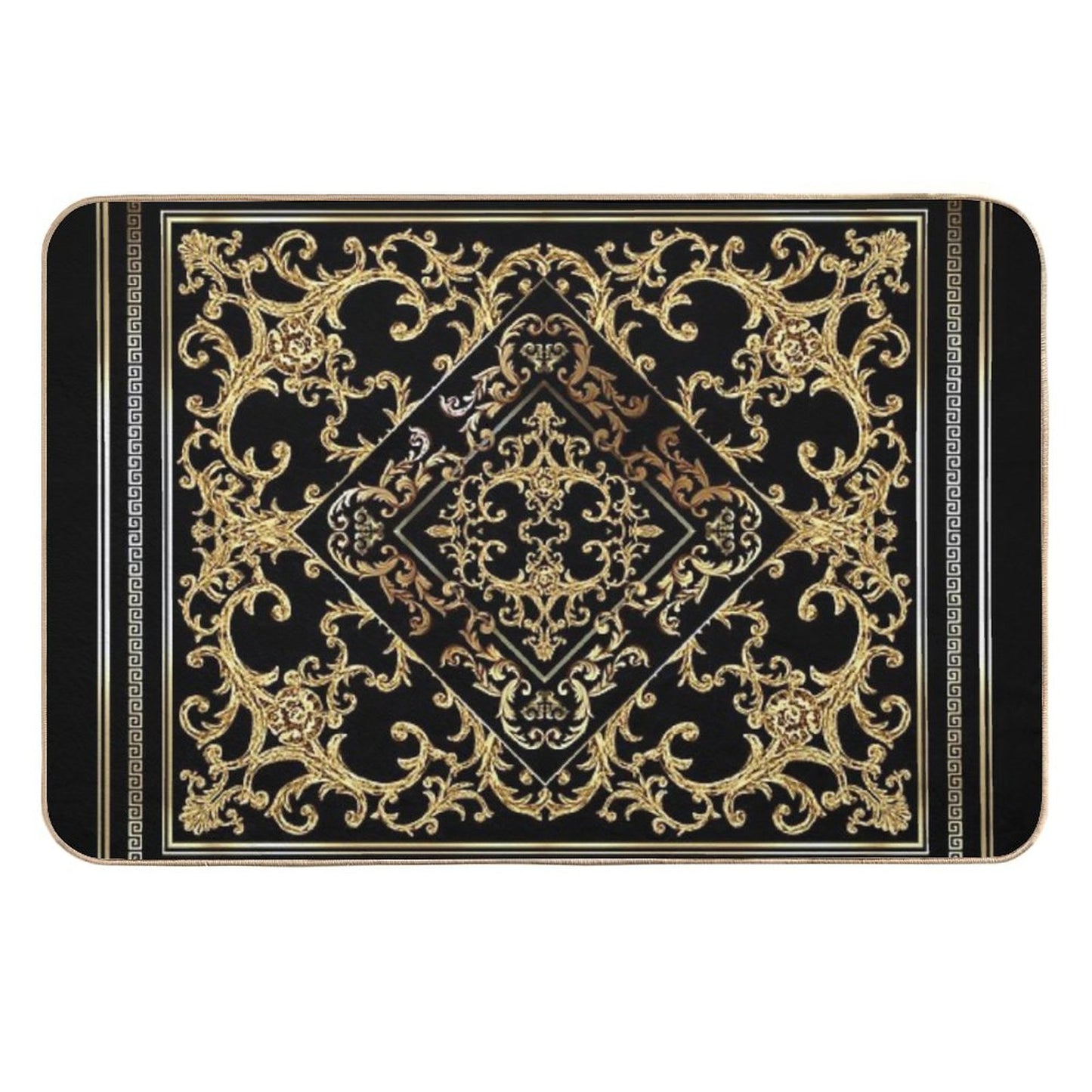 Greek Key Diamond Ornate Baroque Black Gold Absorbent Bath Mat