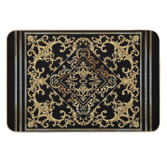 Greek Key Diamond Ornate Baroque Black Gold  Absorbent Bath Mat