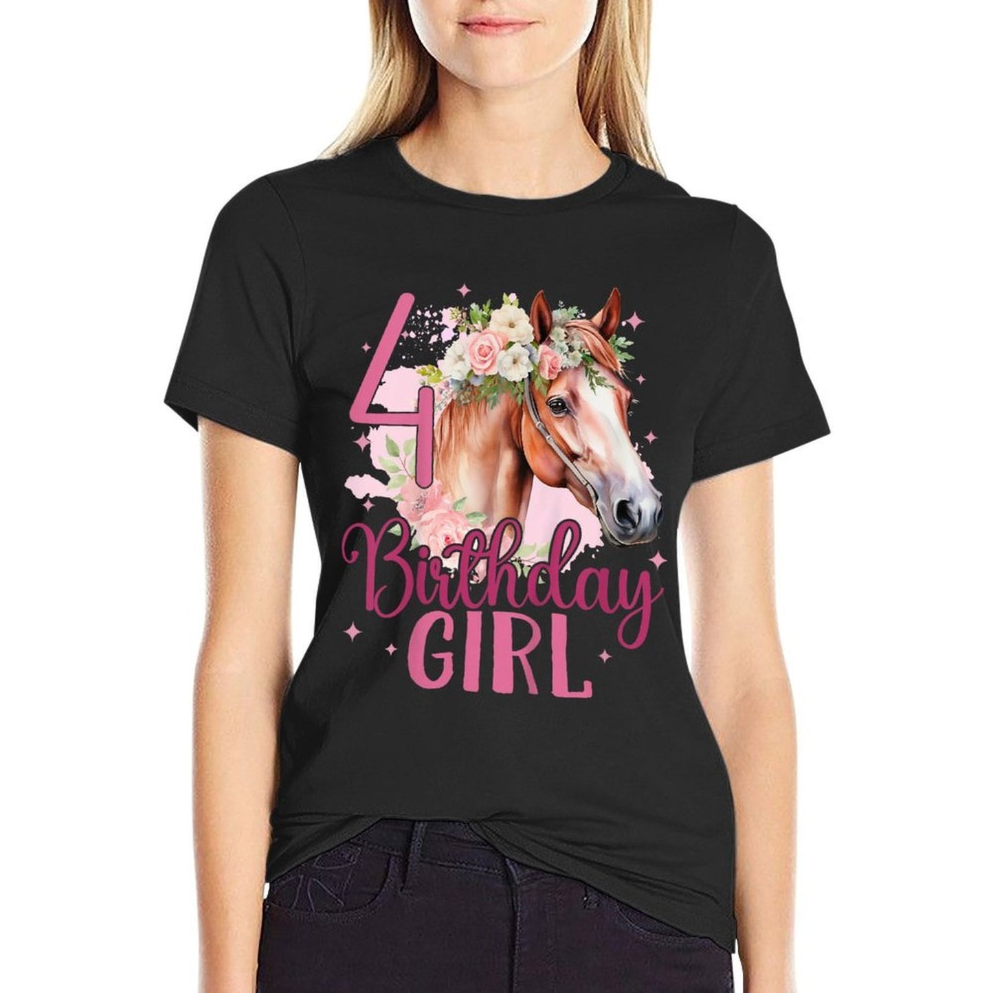 Kids 4th Birthday Horse Girl Fourth Birthday Girl 4 Years Old Summer-ready Fabric T-Shirt