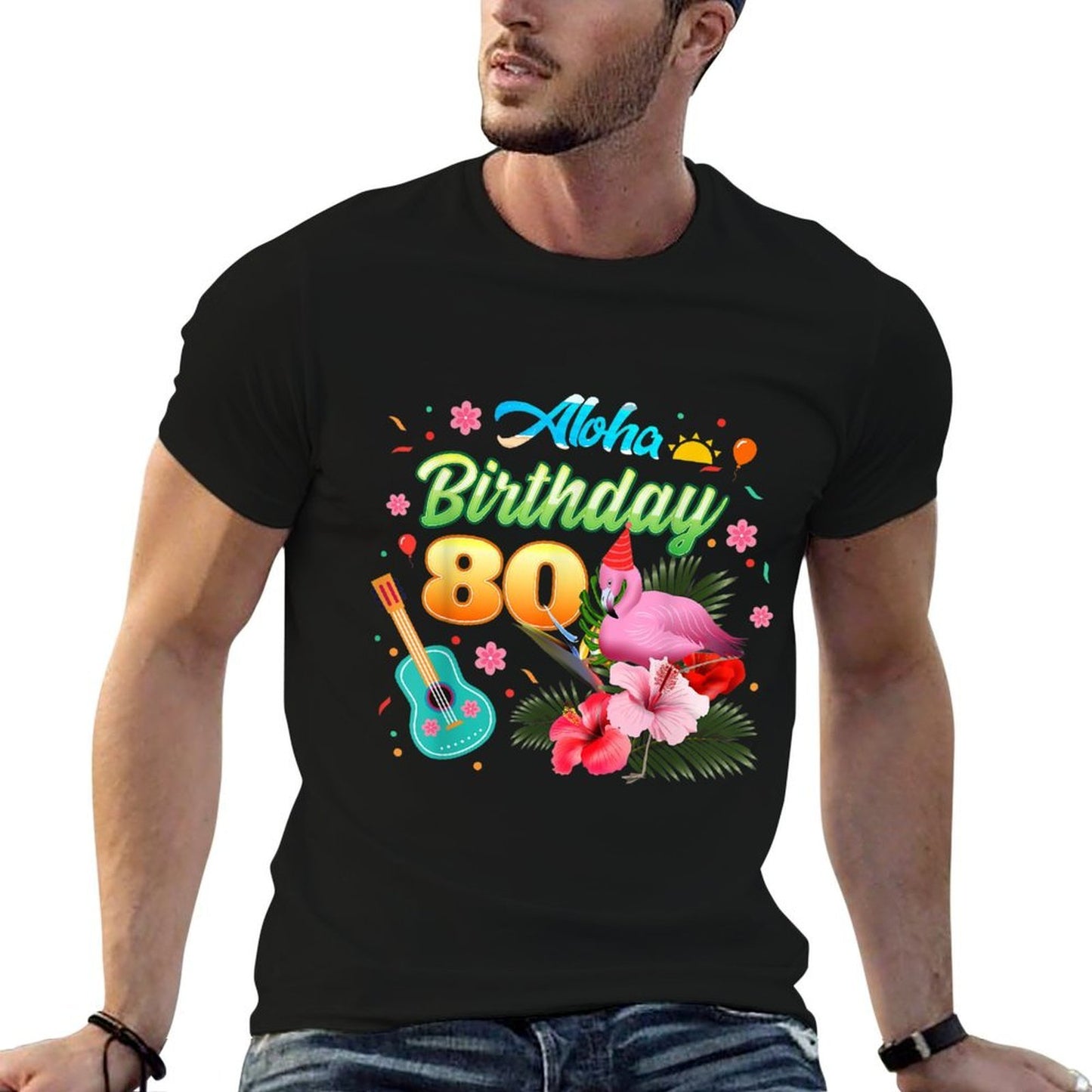 Aloha Hawaii 80 Year Old Birthday Flamingo Hawaiian 80th Affordable Price T-Shirt