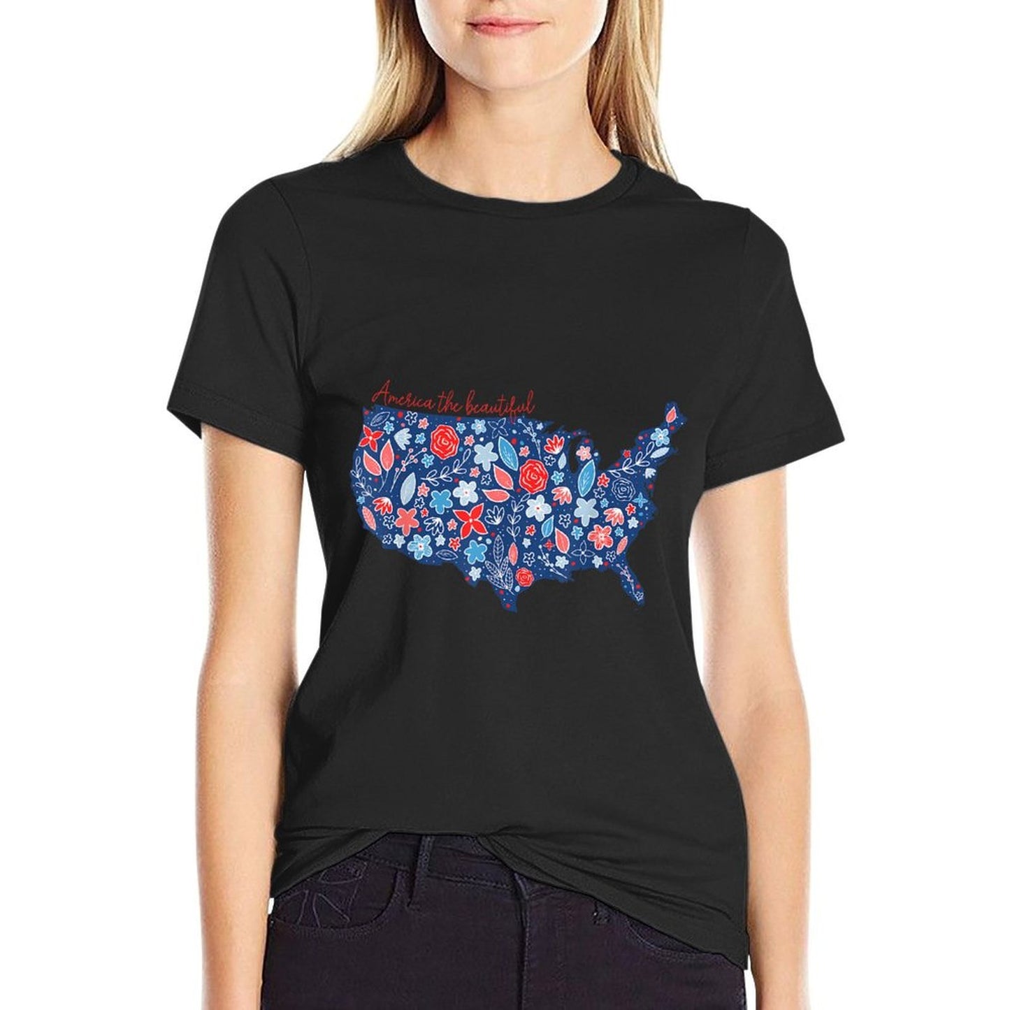America The Beautiful Floral Patriotic Independence Day Slim-fit Cut T-Shirt