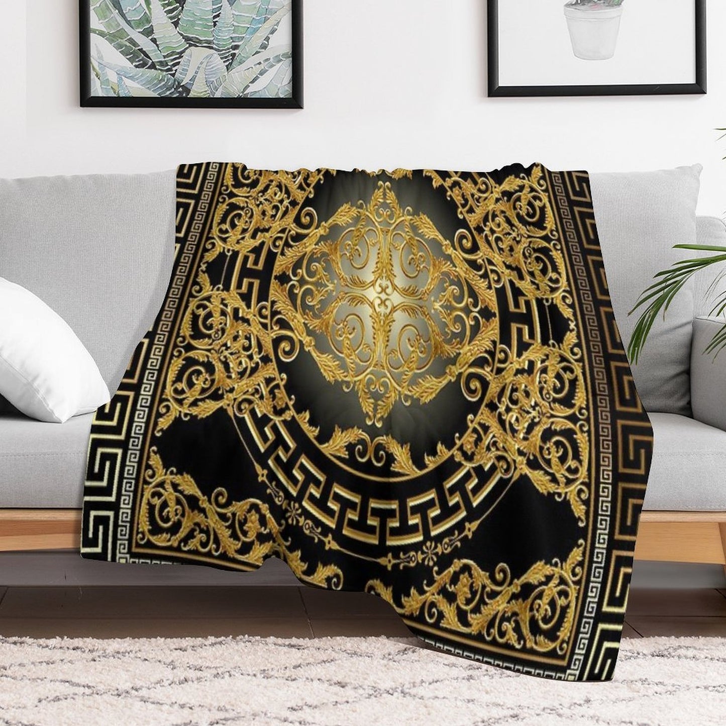 Greek Keys 3 Black Golden White Baroque Style Durable Throw Blanket