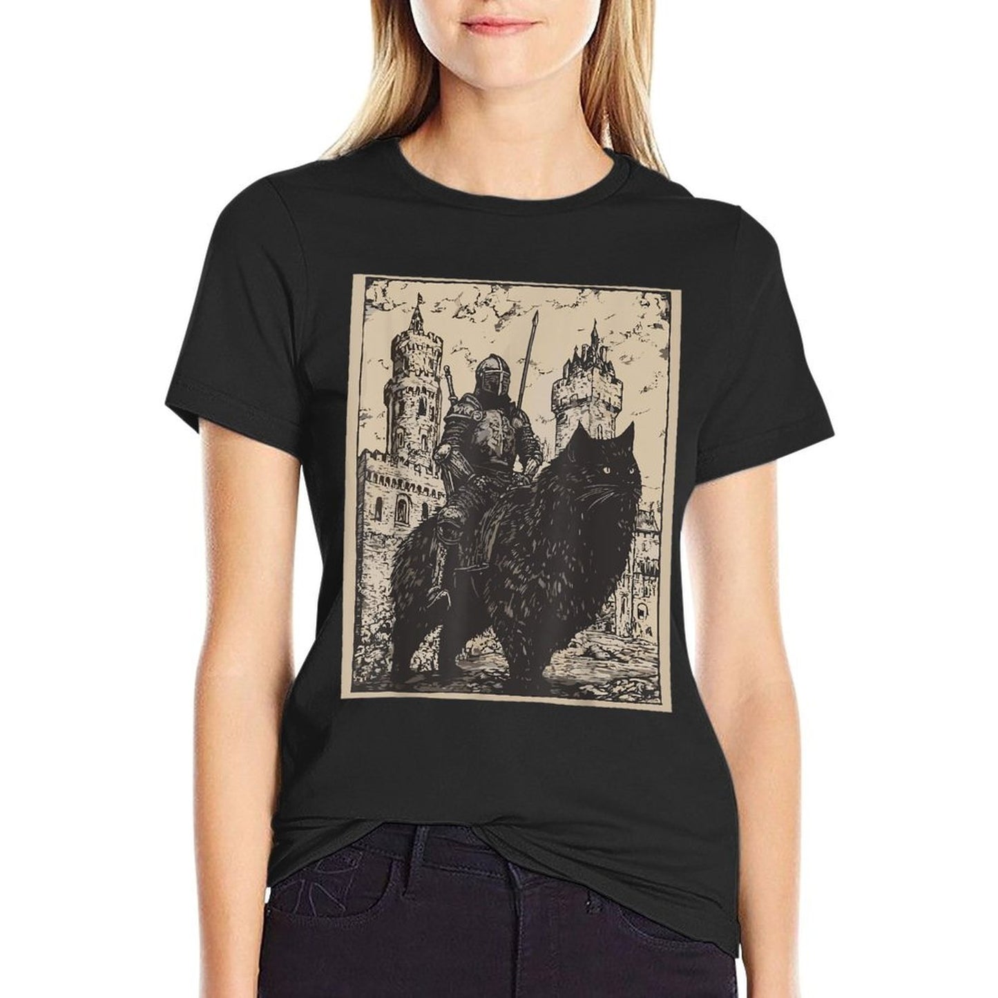 Knight Cat Rider Vintage 90s Medieval Knight Riding Cat Trendy Pattern T-Shirt