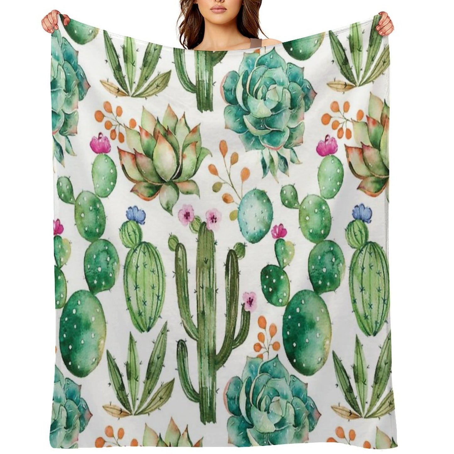 Watercolor Cactus Pattern Eco-conscious Throw Blanket