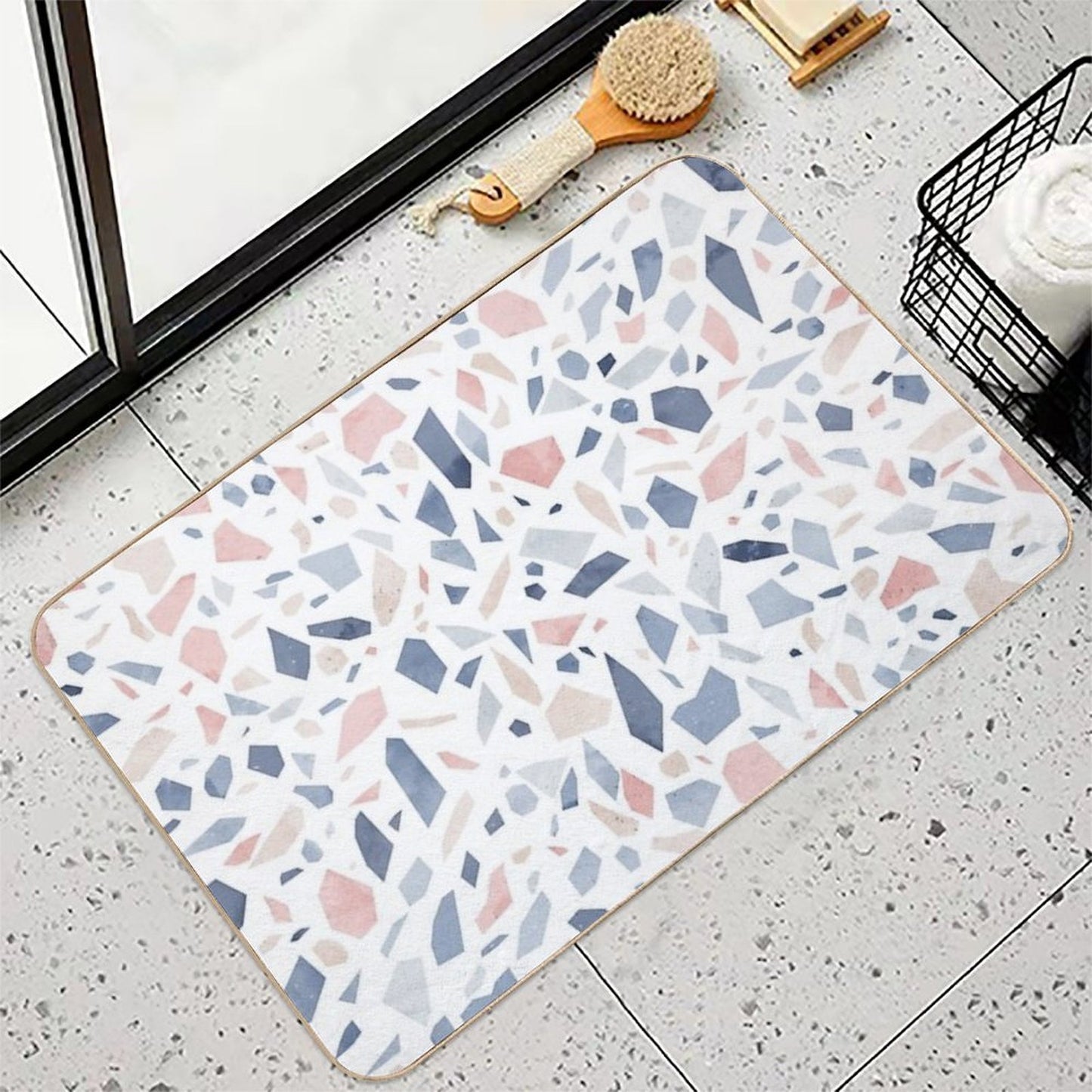 Vintage Pastel Blue Pink Beige Geometric Terrazzo Pattern Rapid-Drying Bath Mat