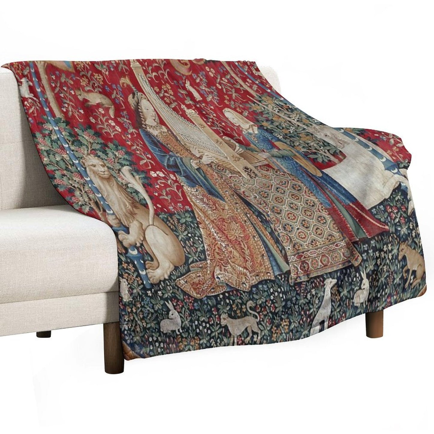 Lady And Unicorn Medieval Tapestry Five Senses - Hearing Eco-conscious Throw Blanket