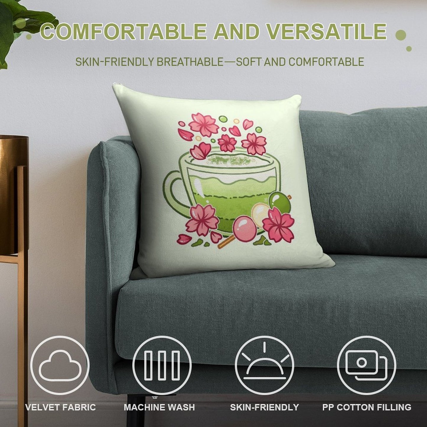 Sakura Matcha Tea Soft Fade-Resistant Throw Pillow