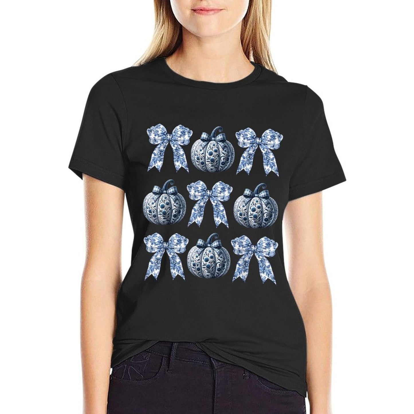 Blue And White Pumpkins Chinoiserie With Bow Fall Halloween Affordable Price T-Shirt
