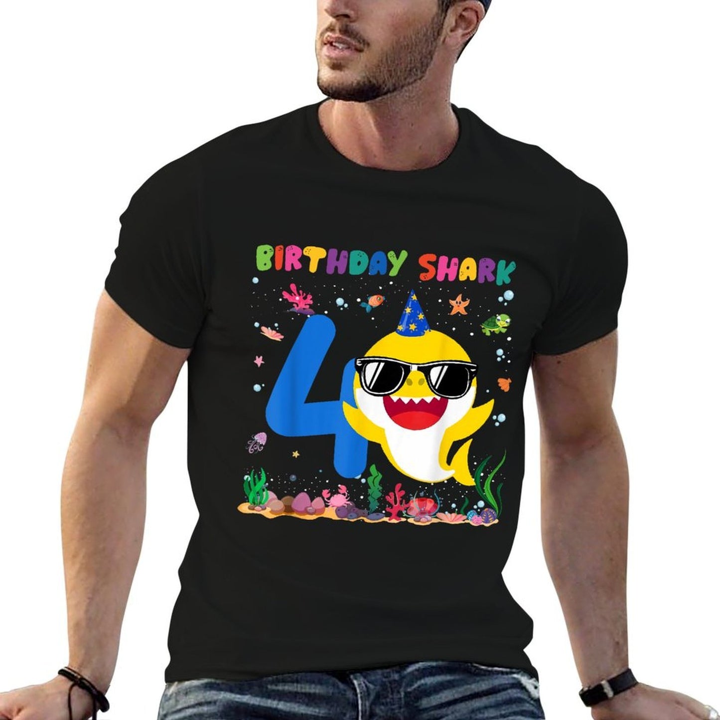 4 Year Old Birthday Shark 4th Toddlers Birthday Boy Girl Wrinkle-resistant T-Shirt