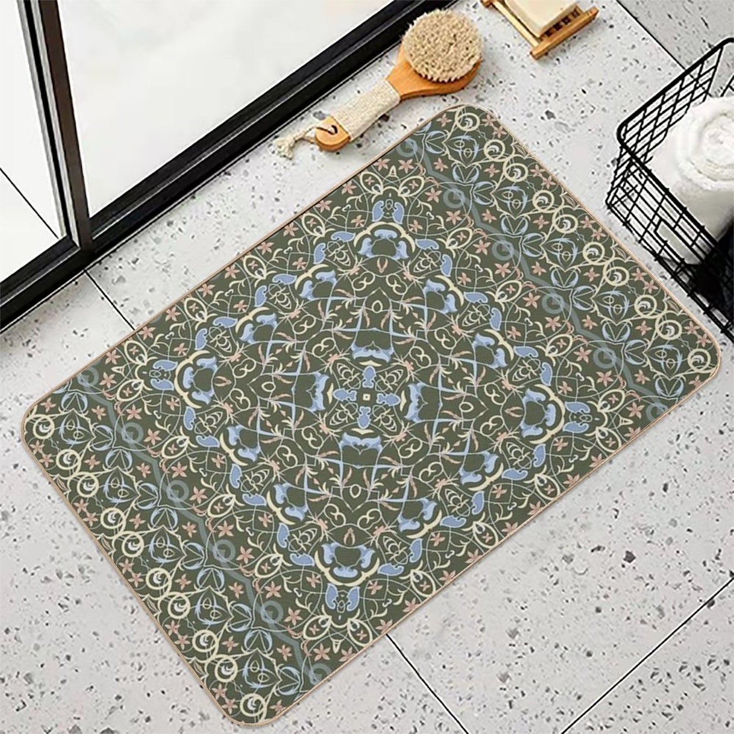 Arabic Ornate Square Pattern Multi-Purpose Bath Mat