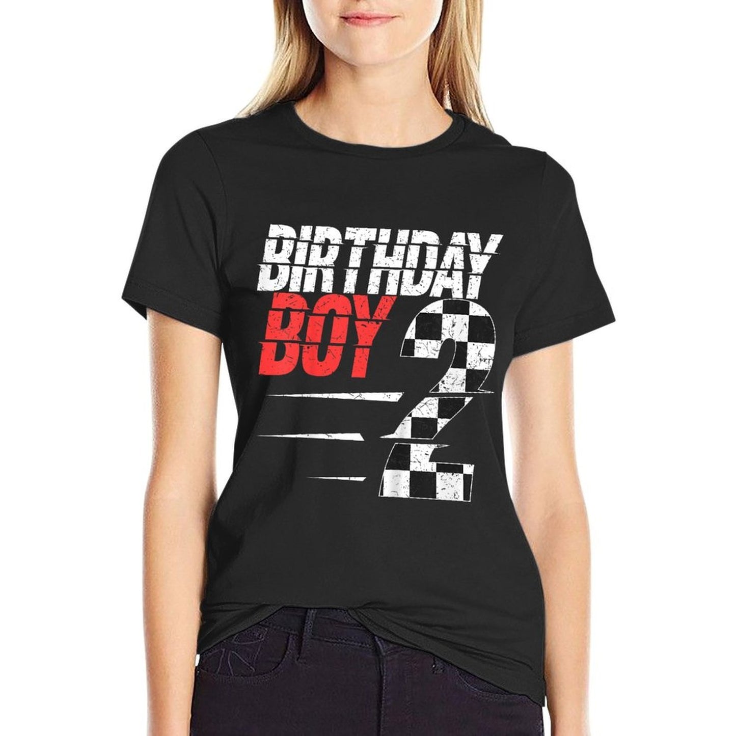 Kids Birthday Boy 2 Two Racing Flag 2nd Birthday Race Car Toddler Rolled Sleeves T-Shirt