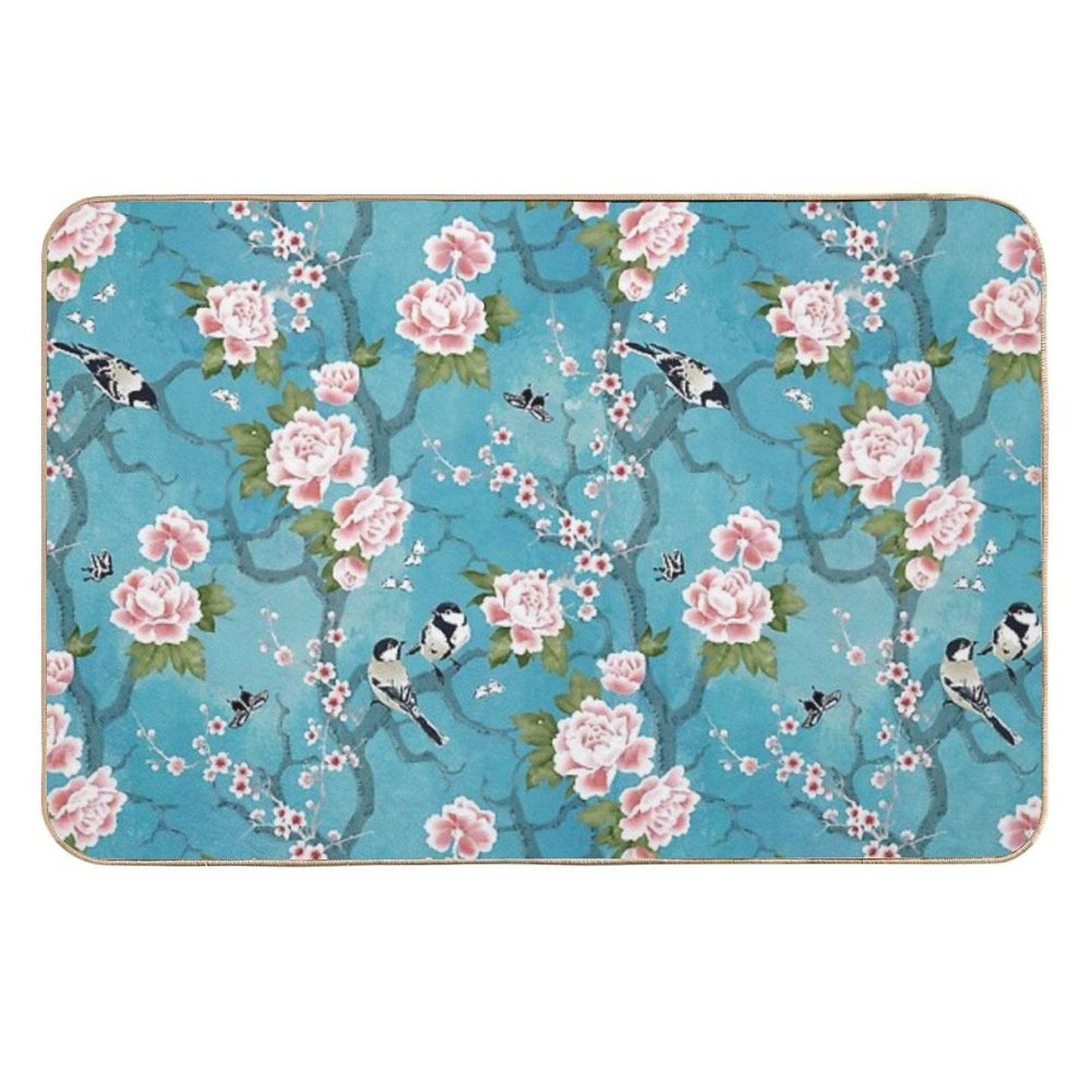 Chinoiserie Birds in Turquoise Blue Absorbent Bath Mat