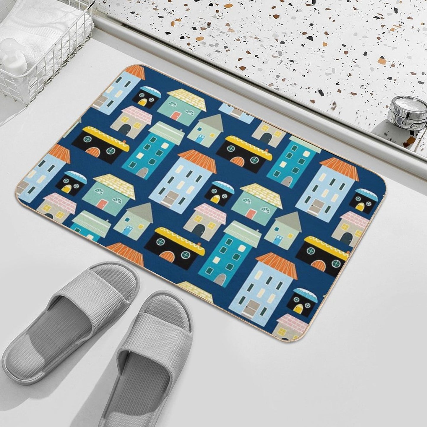 Cute Blue And Yellow House And Home Illustrations Non-Slip Bath Mat