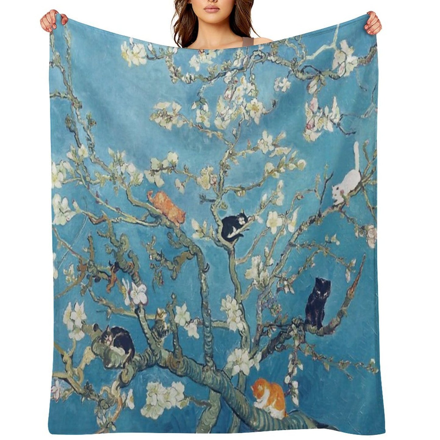 Funny Cat in Almond Blossom by Van Gogh Velvety-soft Throw Blanket