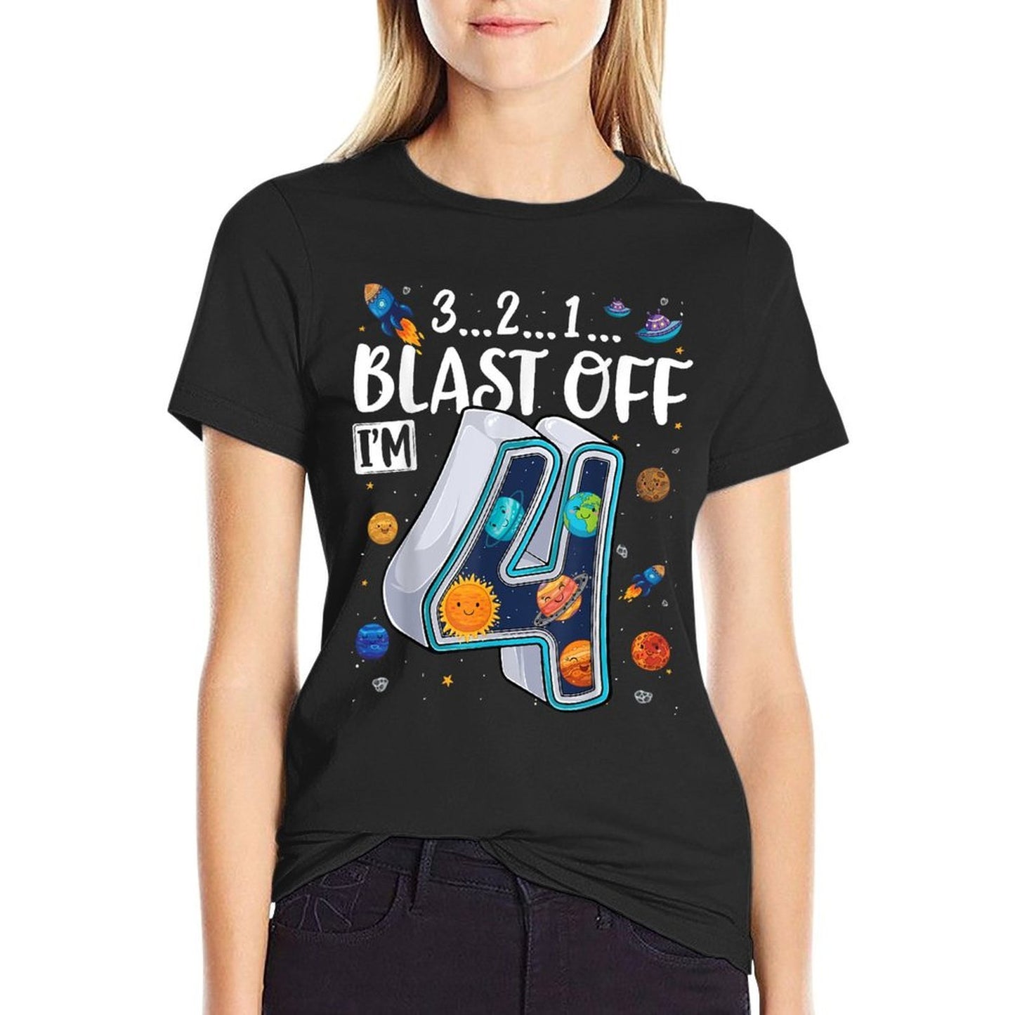 Solar System Planets Four 4 Years Old 4th Birthday Boy Girl  Trendy Pattern T-Shirt