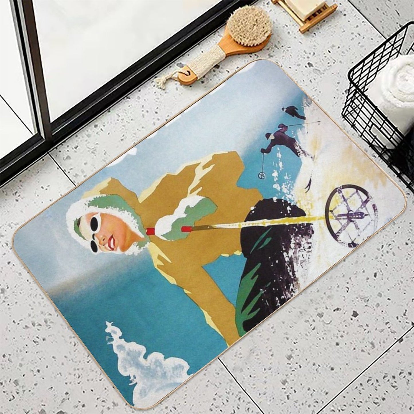 Vintage Ski Poster, Woman Skiing in Quebec Rapid-Drying Bath Mat