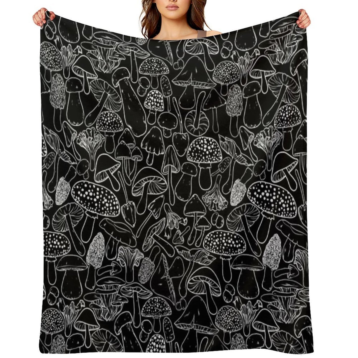 All The Mushrooms on Black Compact Throw Blanket