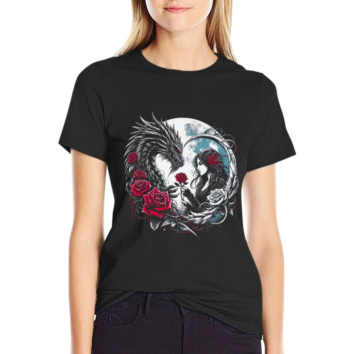 Gothic Dragon And Rose Full Moon Mystical Dark Fantasy Art Premium Fade-proof Color T-Shirt