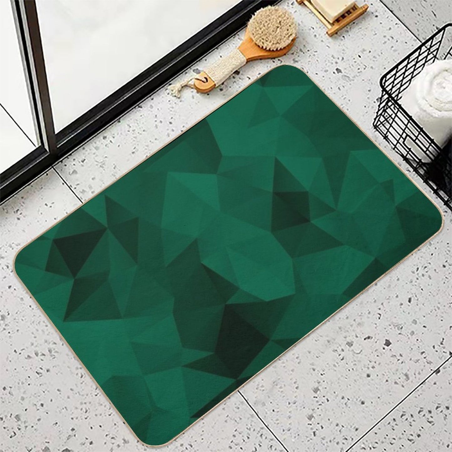 Polygonal Emerald Green Geometric Pattern Absorbent Bath Mat