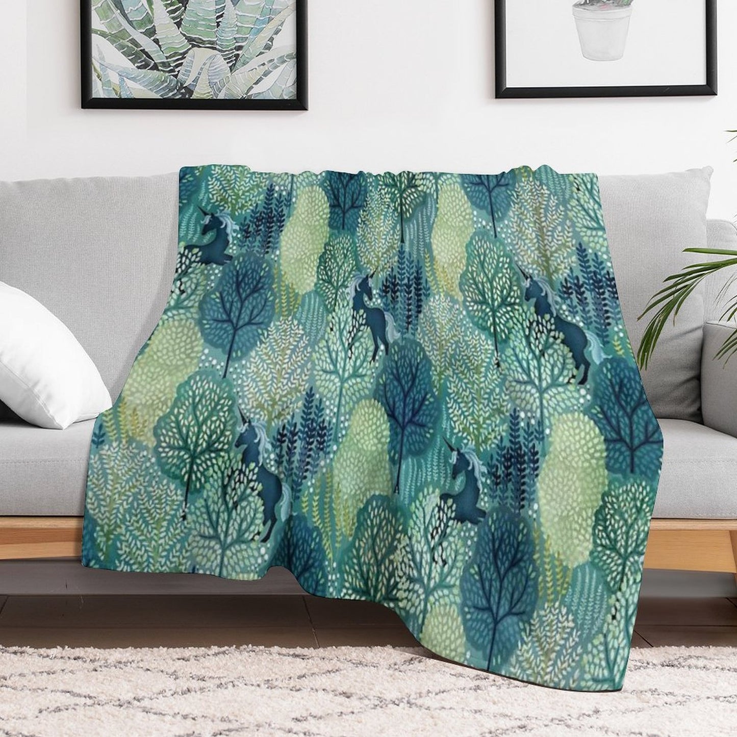 Hidden Unicorn Woods in Shades of Green Watercolor Eco-conscious Throw Blanket
