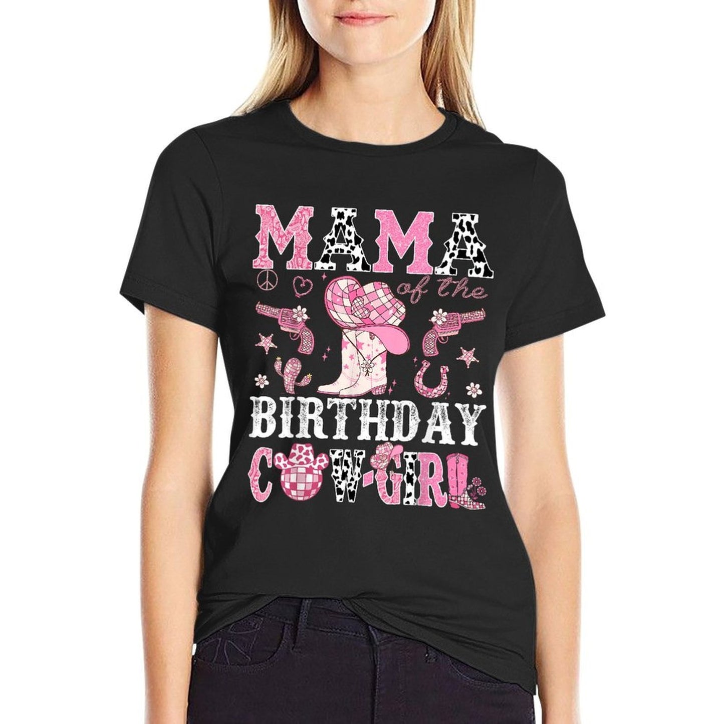 Mama Of The Birthday Cow-Girl Pink Disco Rodeo Western Cotton T-Shirt