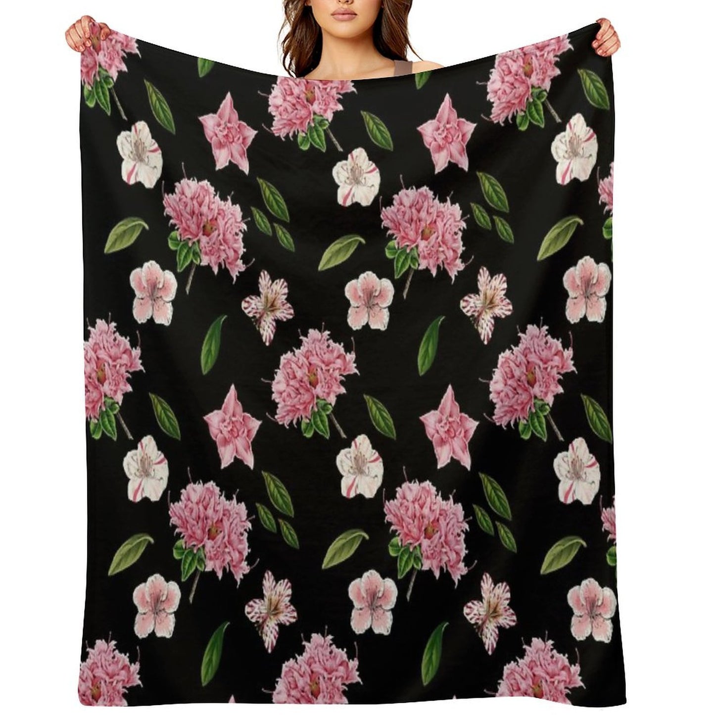 Black And Pink Floral Wrinkle-free Throw Blanket