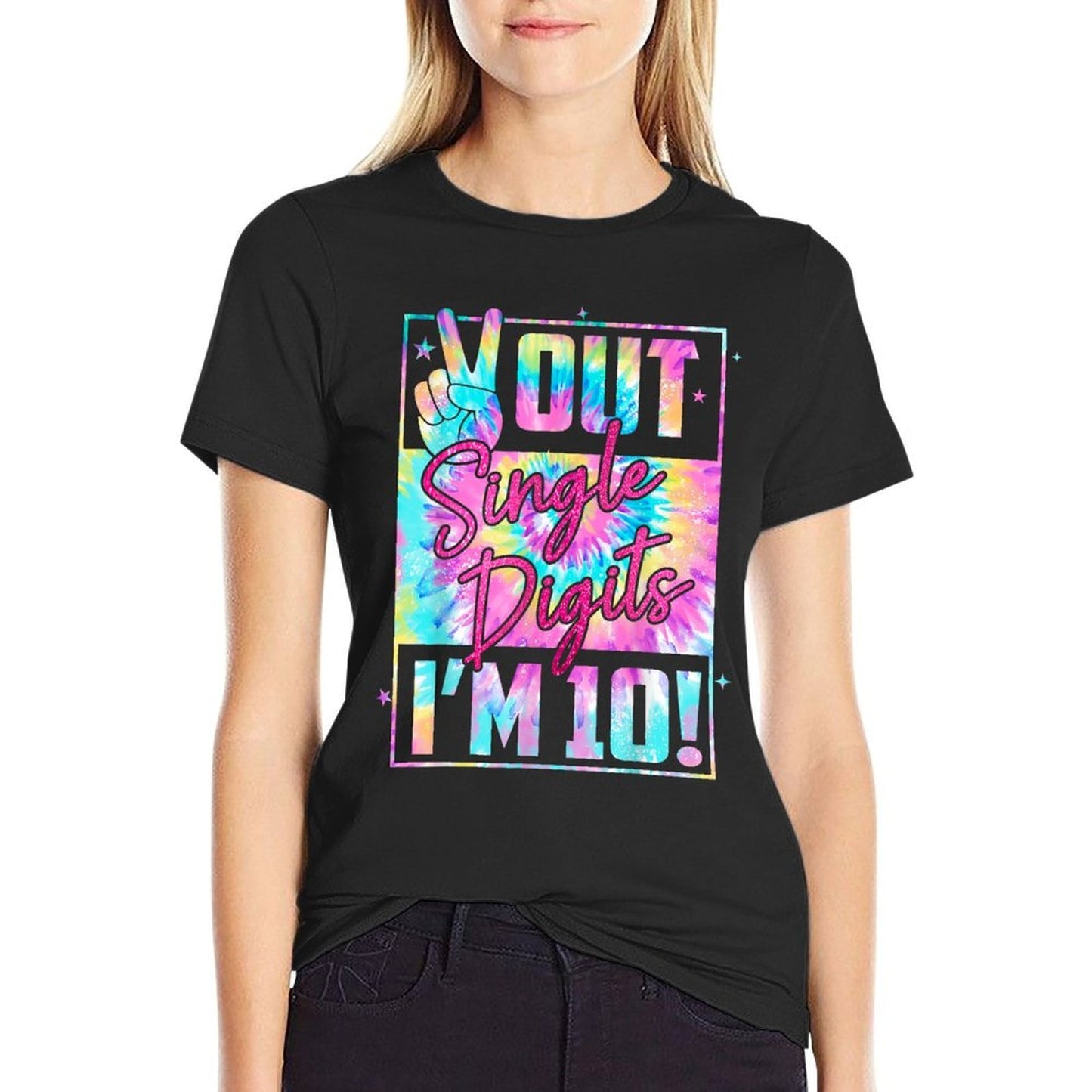 Peace Out Single Digits I'm 10 Tie Dye Birthday Girl Ribbed Collar T-Shirt
