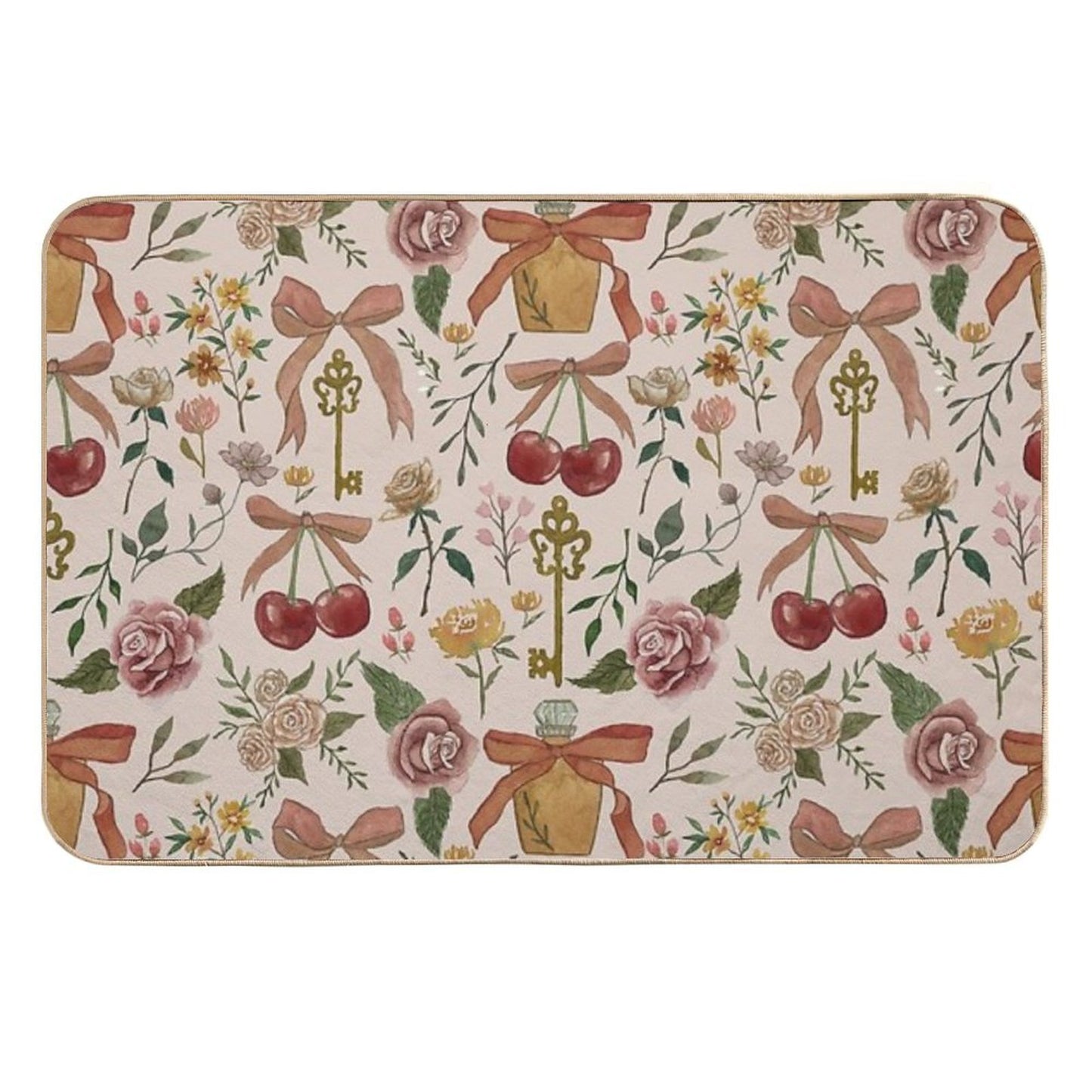 Bows, Flowers And Cherries Pattern Multi-Purpose Bath Mat