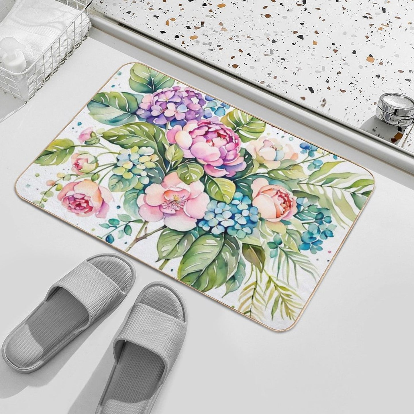 Beautiful Flower And Plant in Loose Watercolor Painting - Monstera Leaves- Blue Purple Peach Hydrangea, Hortensia, Peony And Ros Pet-Safe Bath Mat