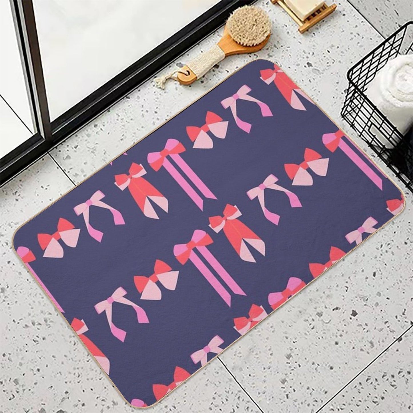 Cute Bows with Ribbons Pattern on Blue Background High-Traffic Bath Mat