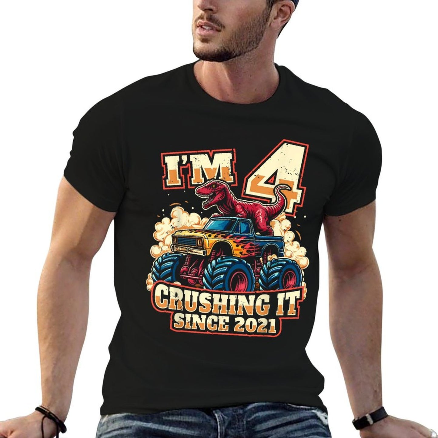 4 Year Old Boys 4th Birthday Dinosaur Monster Truck Party Rolled Sleeves T-Shirt