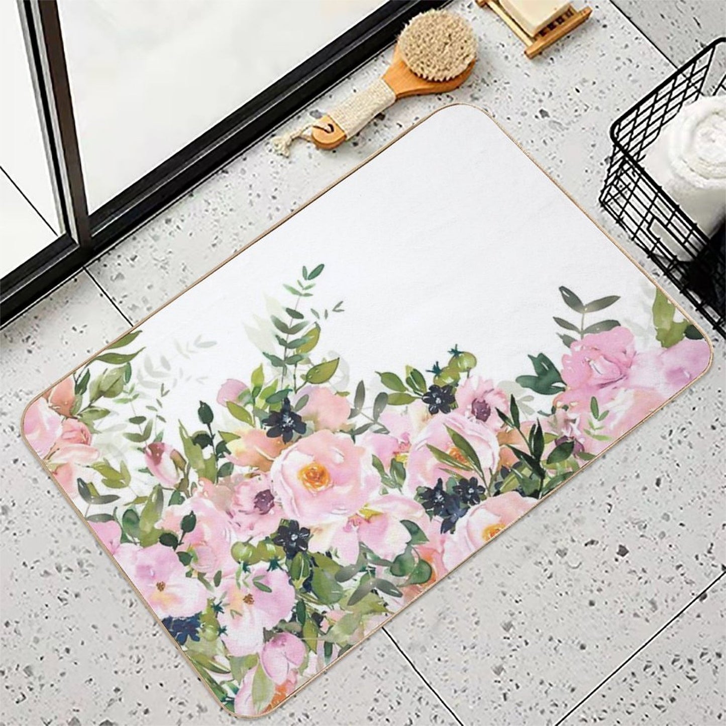 Boho, Floral Watercolor Roses, Pink, White And Green Non-Slip Bath Mat