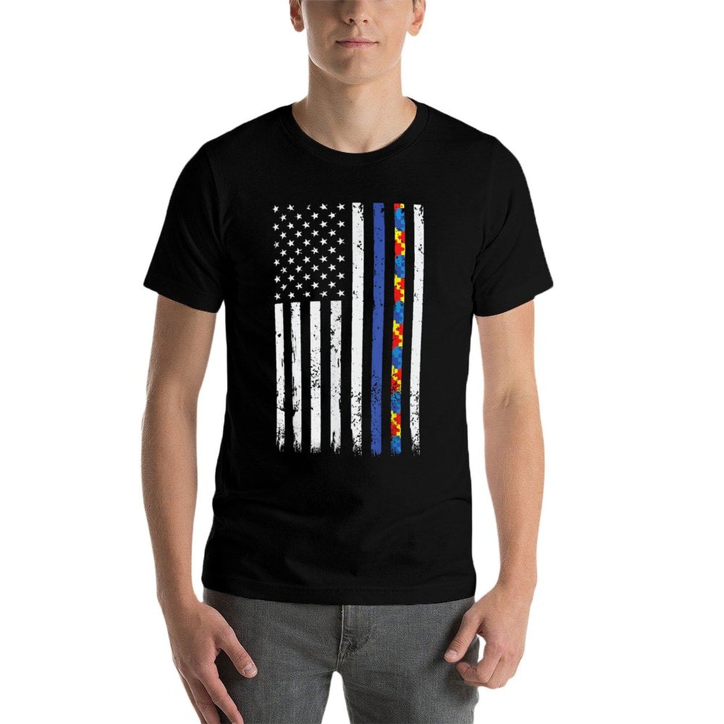 Thin Blue Line Police Support Autism 4th July Ribbed Collar T-Shirt