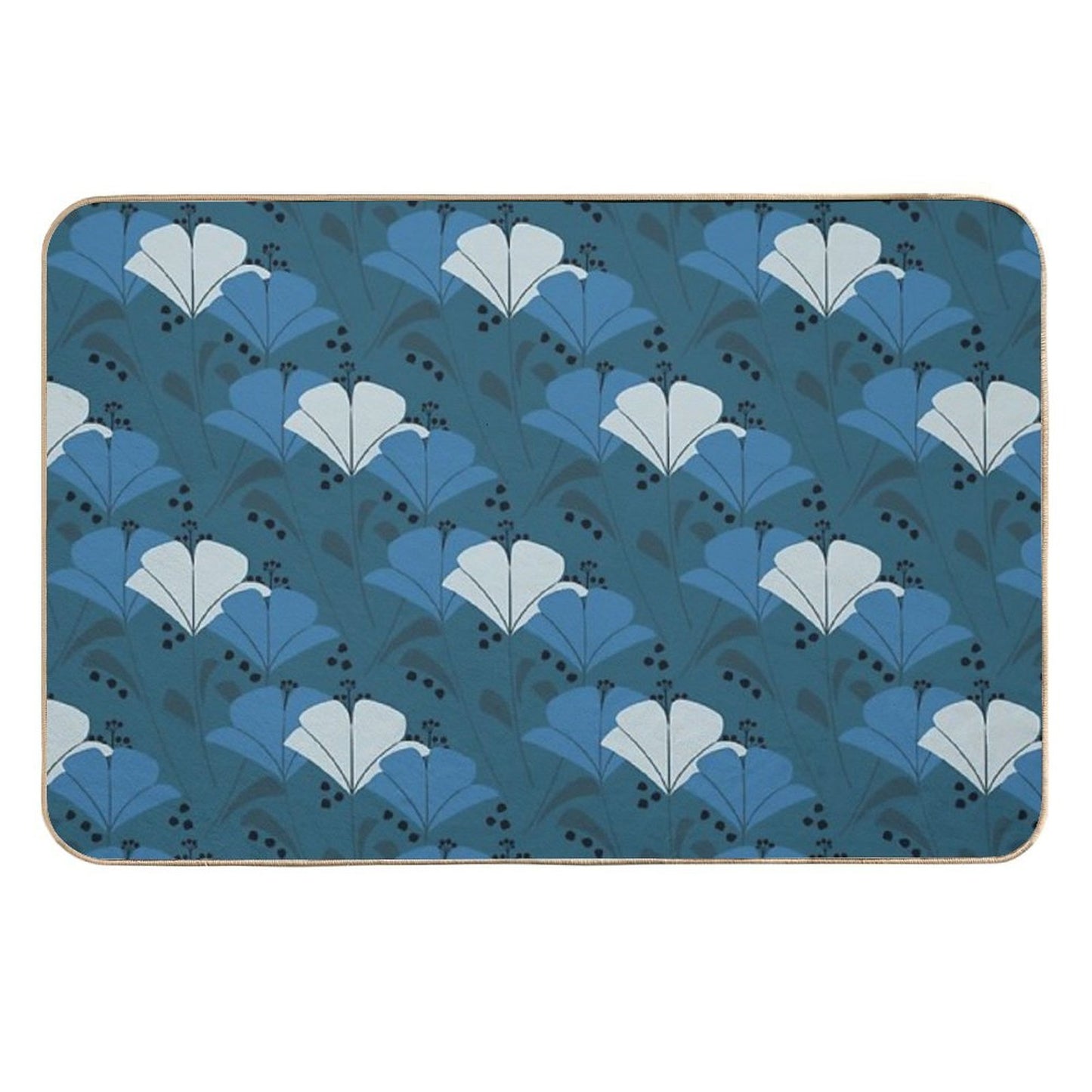 Monochromatic Botanical Patten Blue Yellow Floral Botanical Garden Stain-Proof Bath Mat