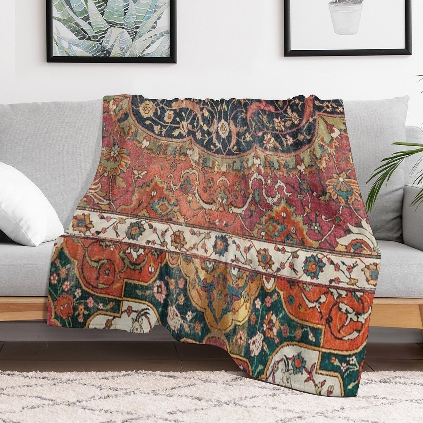 Persian Medallion Rug IX 16th Century Distressed Red Green Blue Flowery Colorful Ornate Pattern Quick-dry Throw Blanket