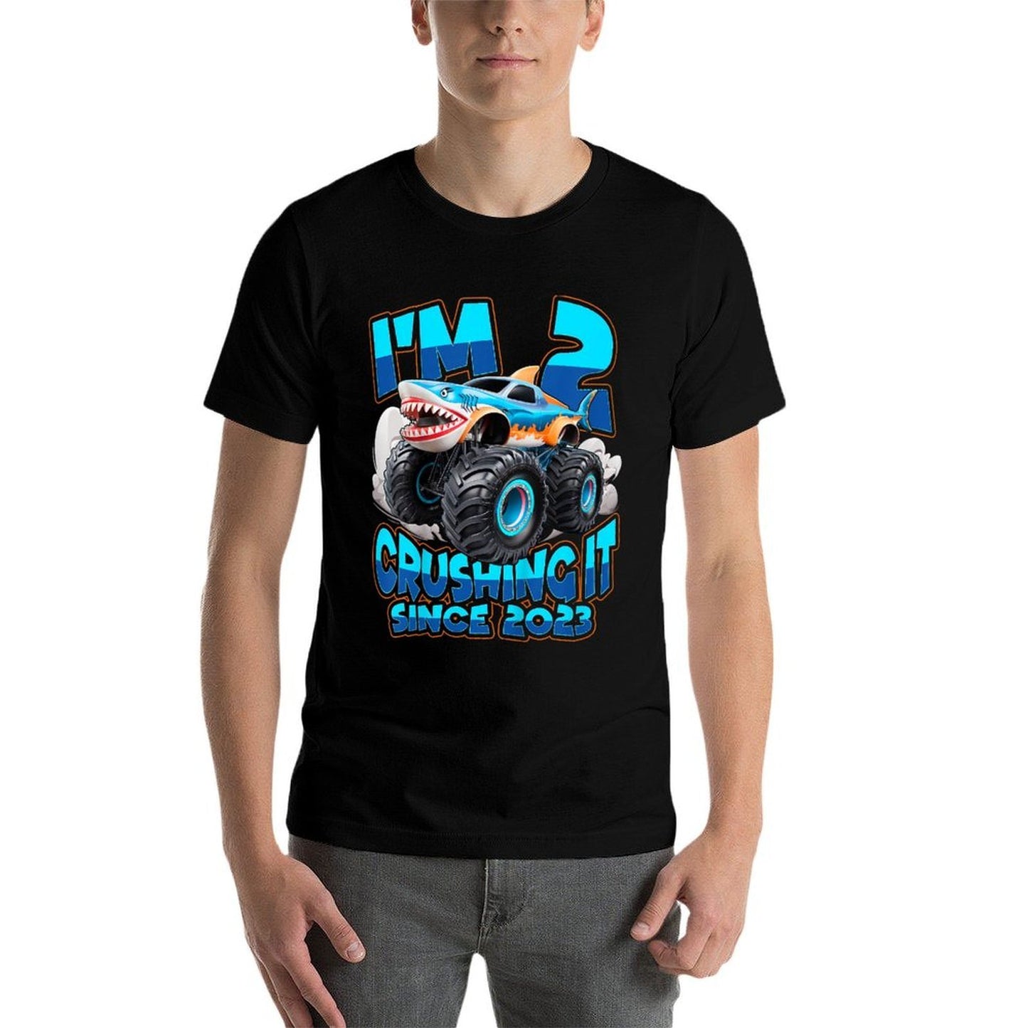 Kids 2 Years Old Boys 2nd Shark Monster Truck Birthday Party Trendy Pattern T-Shirt