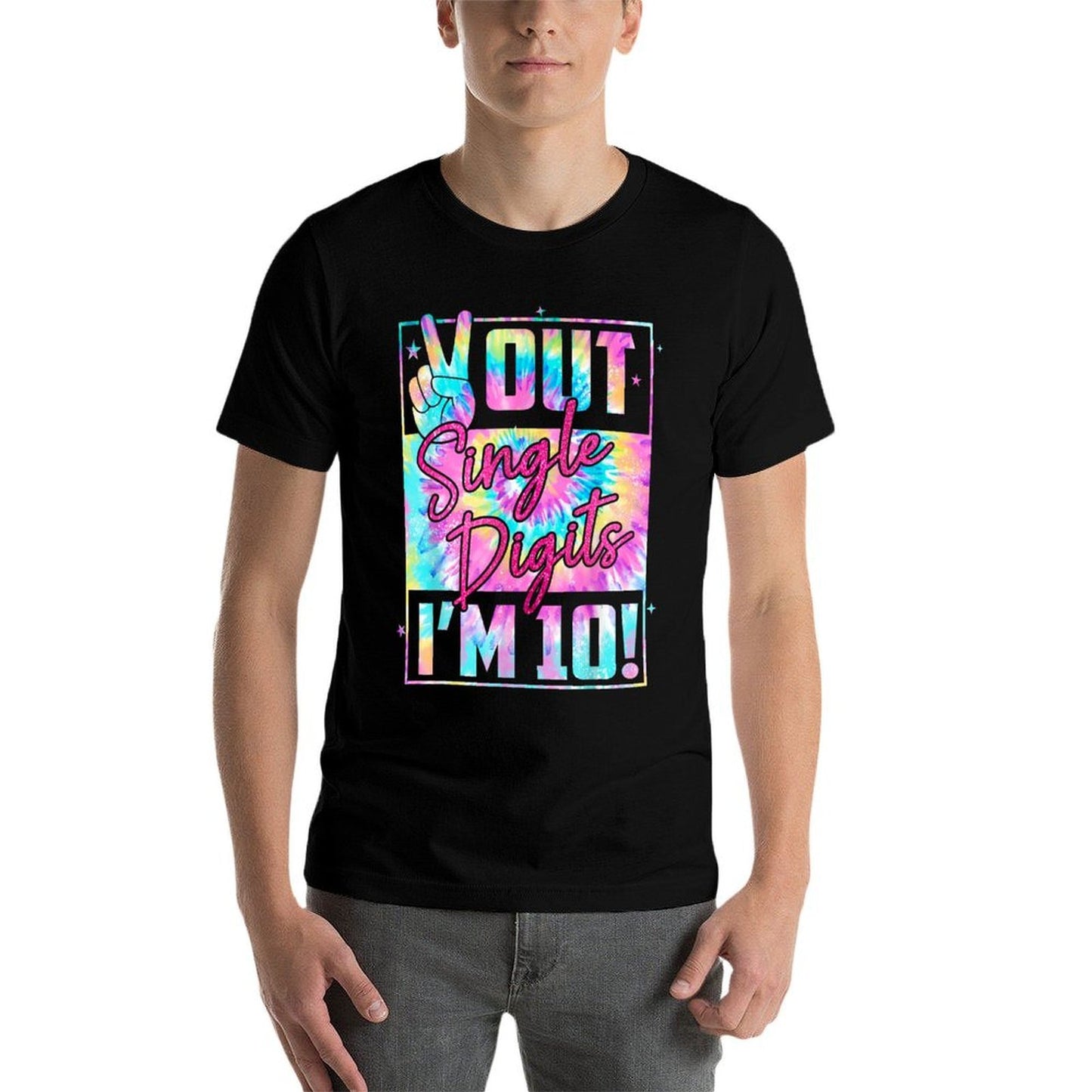 Peace Out Single Digits I'm 10 Tie Dye Birthday Girl Ribbed Collar T-Shirt