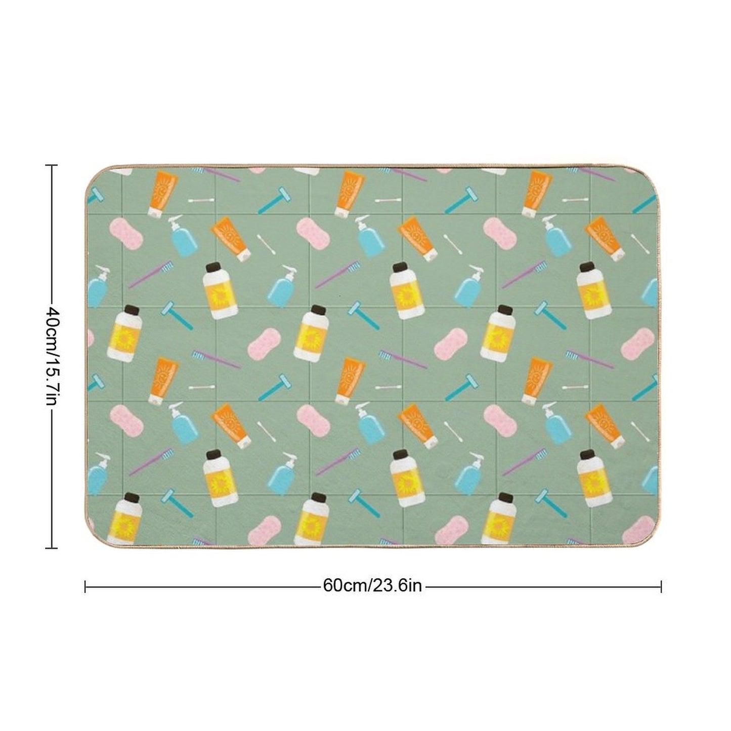 Seamless Vector Pattern of Bath Tubes, Bottles, Razers And Sponges Against Olive Tiled Wall Odorless Bath Mat