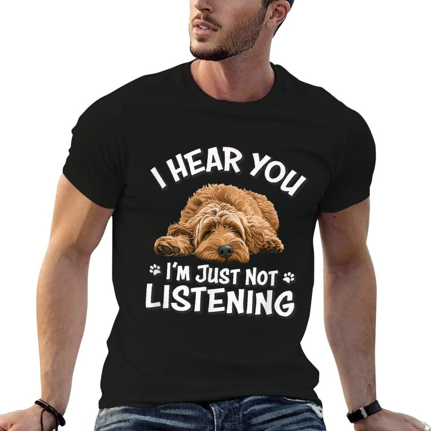 Funny Cute Hear You Not Listening Goldendoodle Doodle Lover Ribbed Collar T-Shirt