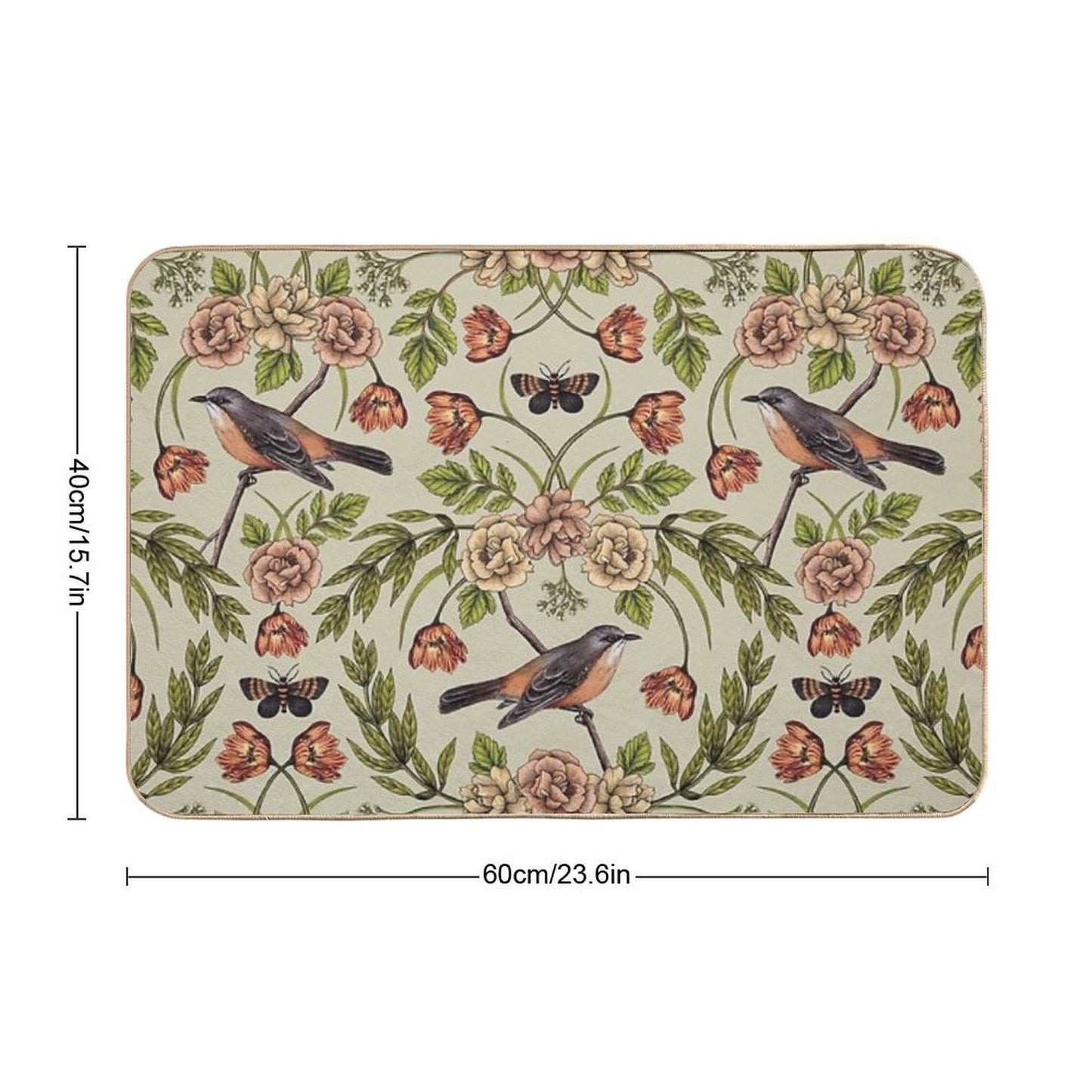 In The Garden - Nature Pattern W Birds, Flowers & Moths Non-Slip Bath Mat