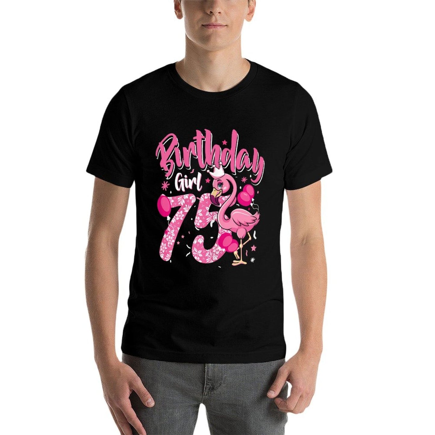 75th Birthday Gift Flamingo Fan 75 Year Old Women 75th Bday Heathered Texture T-Shirt