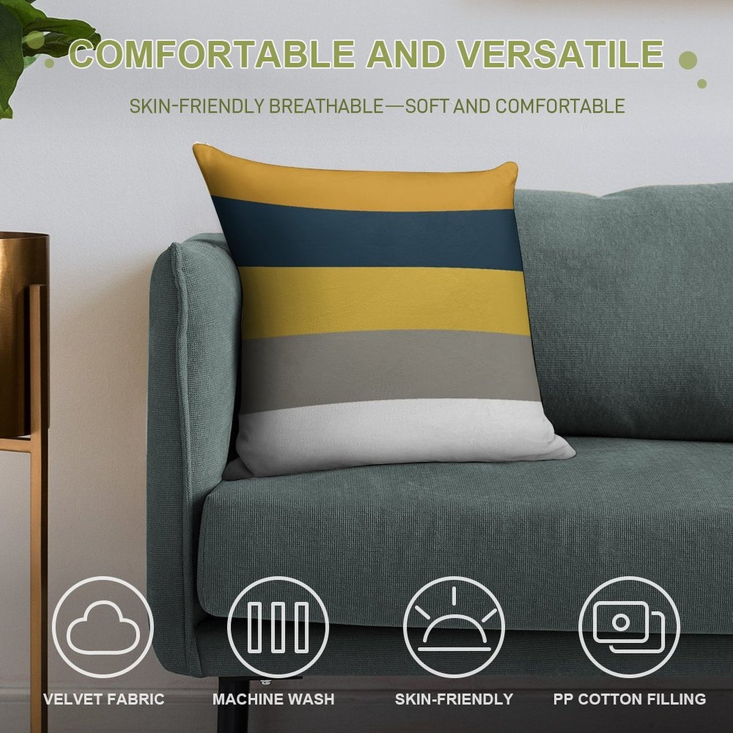 Broad Stripes Pattern in Light And Dark Mustard Yellow, Grey, White, And Navy Blue Soft Skin-Friendly Throw Pillow