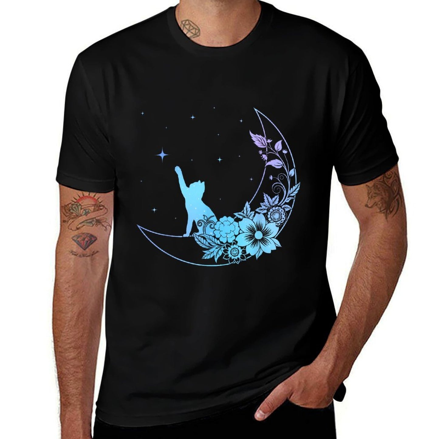 Cat Sitting On Crescent Moon Flowers Stars Women Girls Kids Durable T-Shirt