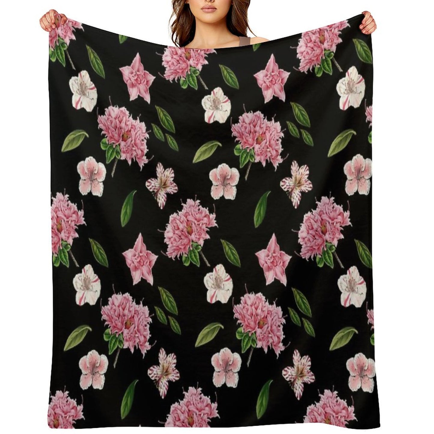 Black And Pink Floral Wrinkle-free Throw Blanket