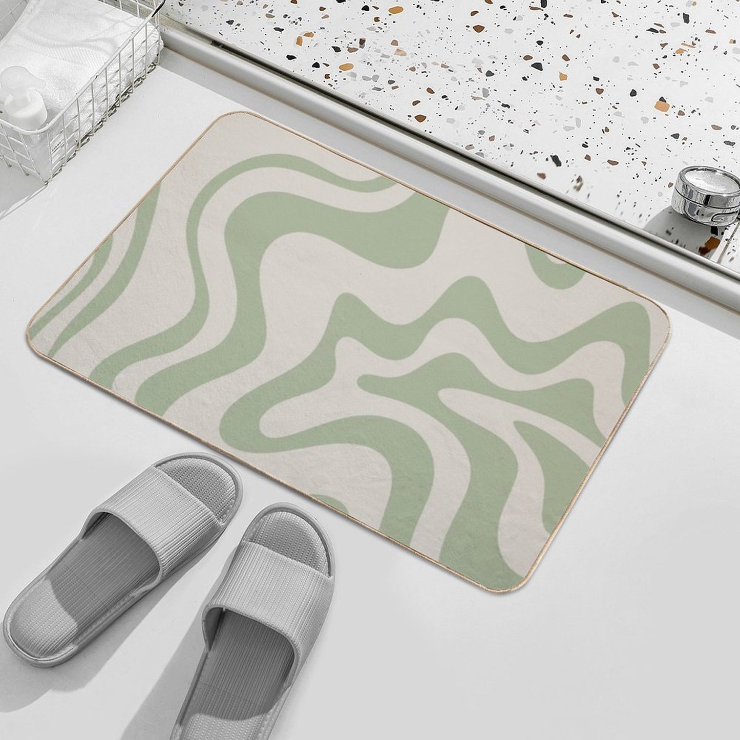 Liquid Swirl Contemporary Abstract Pattern in Sage Green And Beige Odorless Bath Mat