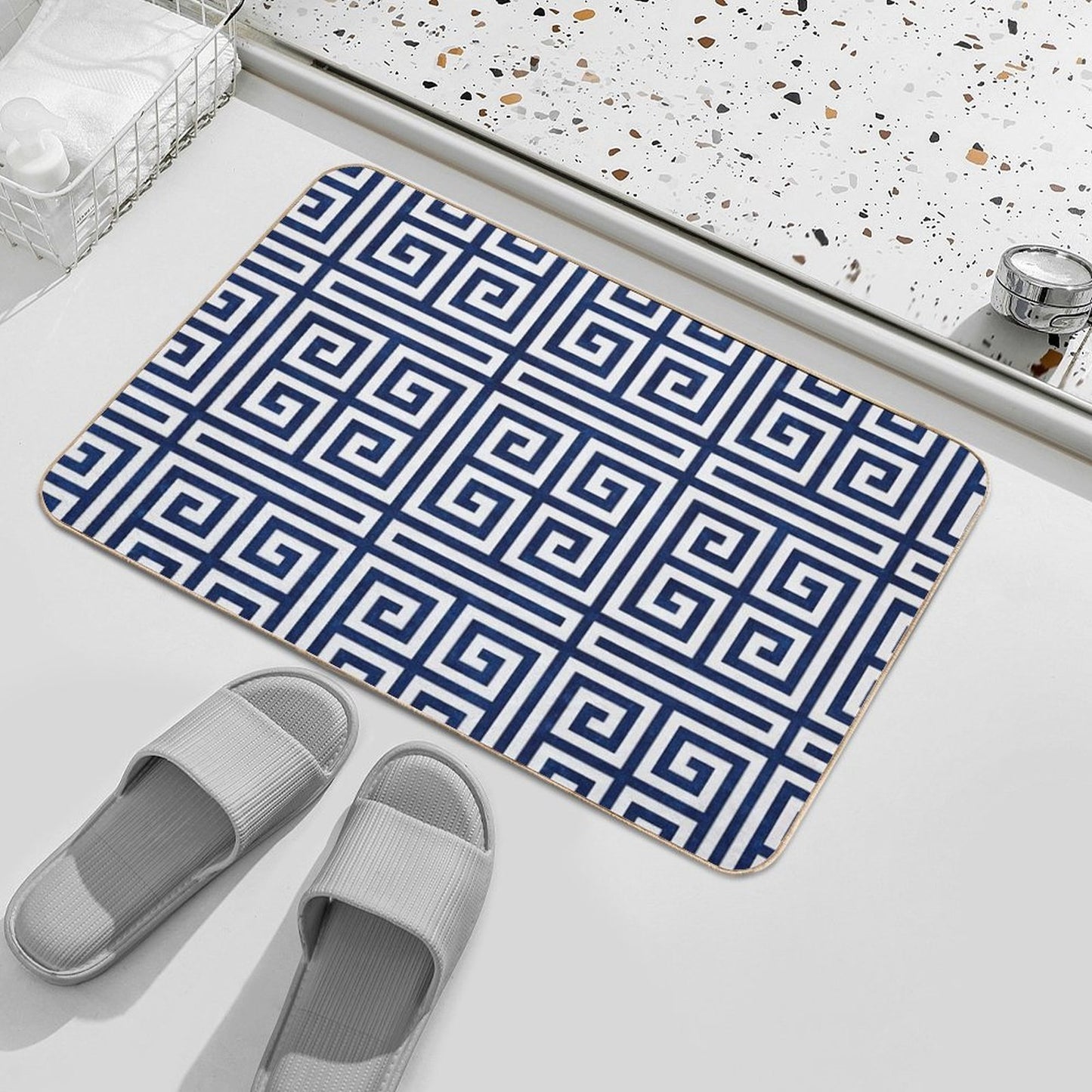 Greek Key - Blue And White Fade-Resistant Bath Mat
