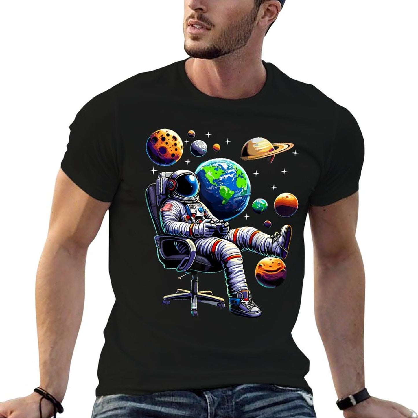 Astronaut Gamer Space Gaming System Planets  Rolled Sleeves T-Shirt