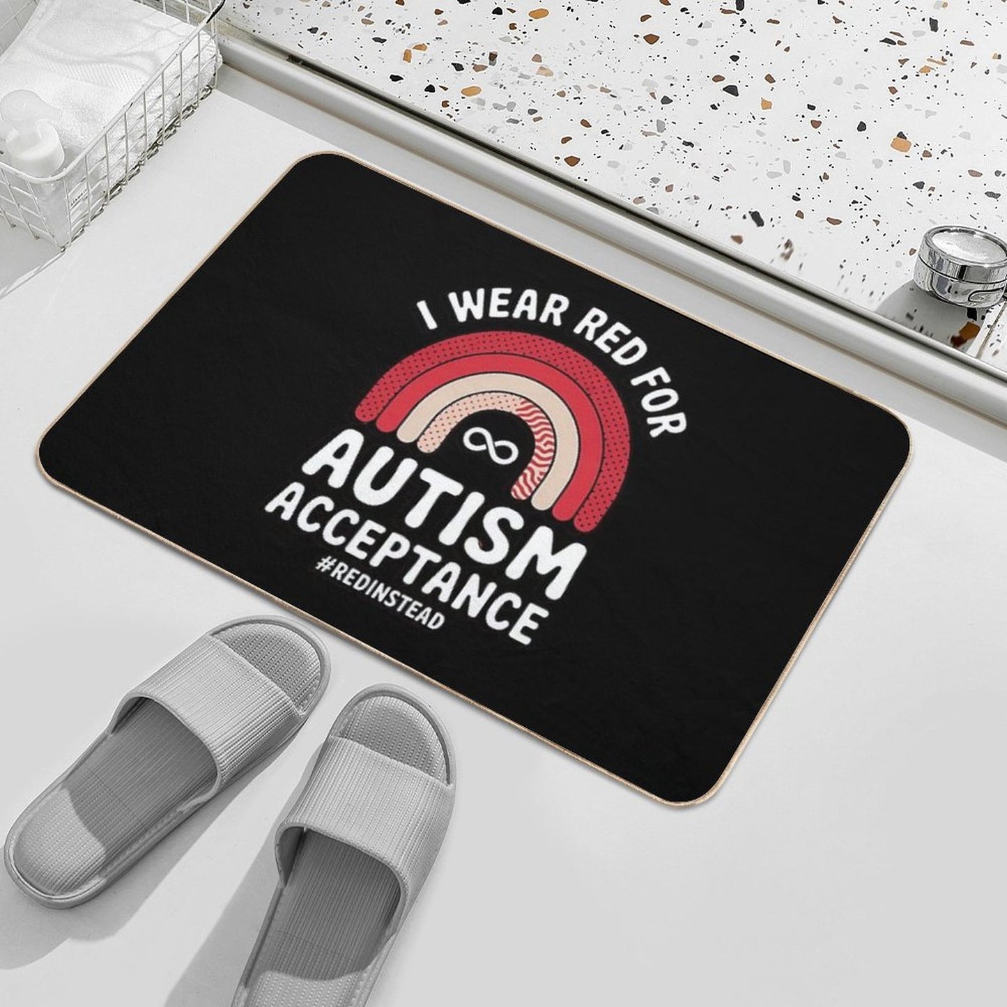 In April We Wear Red Autism Awareness Acceptance #REDinstead Slip-Resistant Bath Mat
