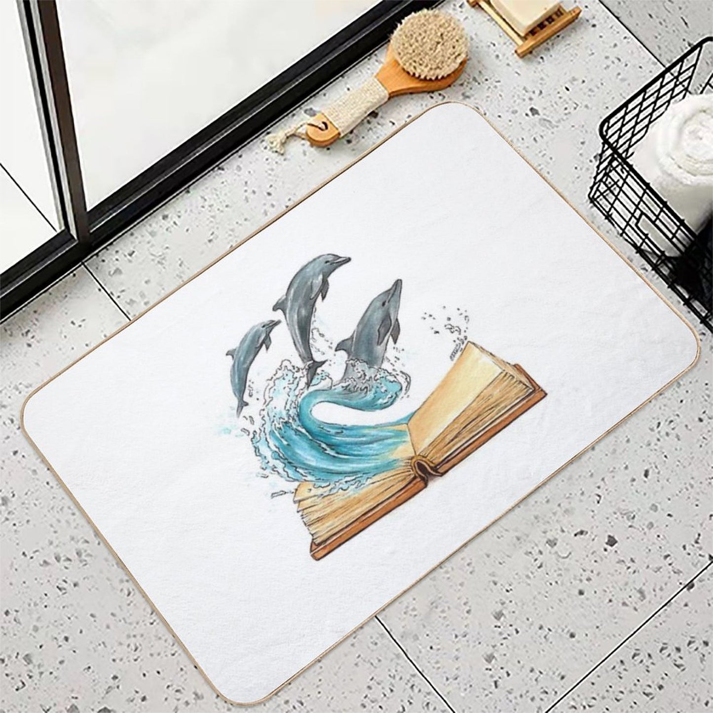 Dolphins Jumping from Old Book Watercolor Illustration Toxin-Free Bath Mat